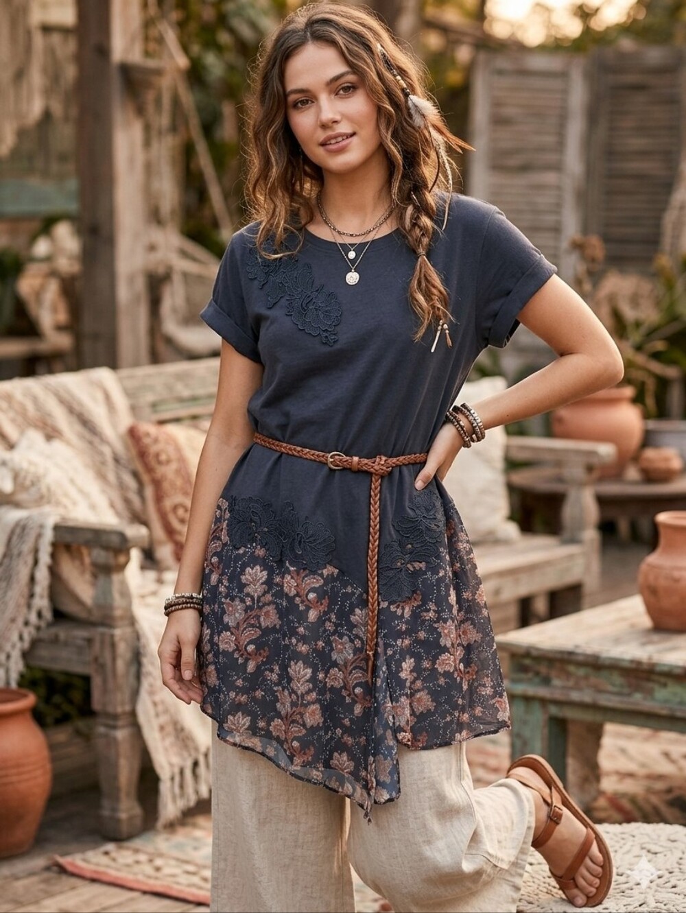 Akemi + Kin Anthropologie Tunic Top Size Small Womens‎ Boho Festive Floral